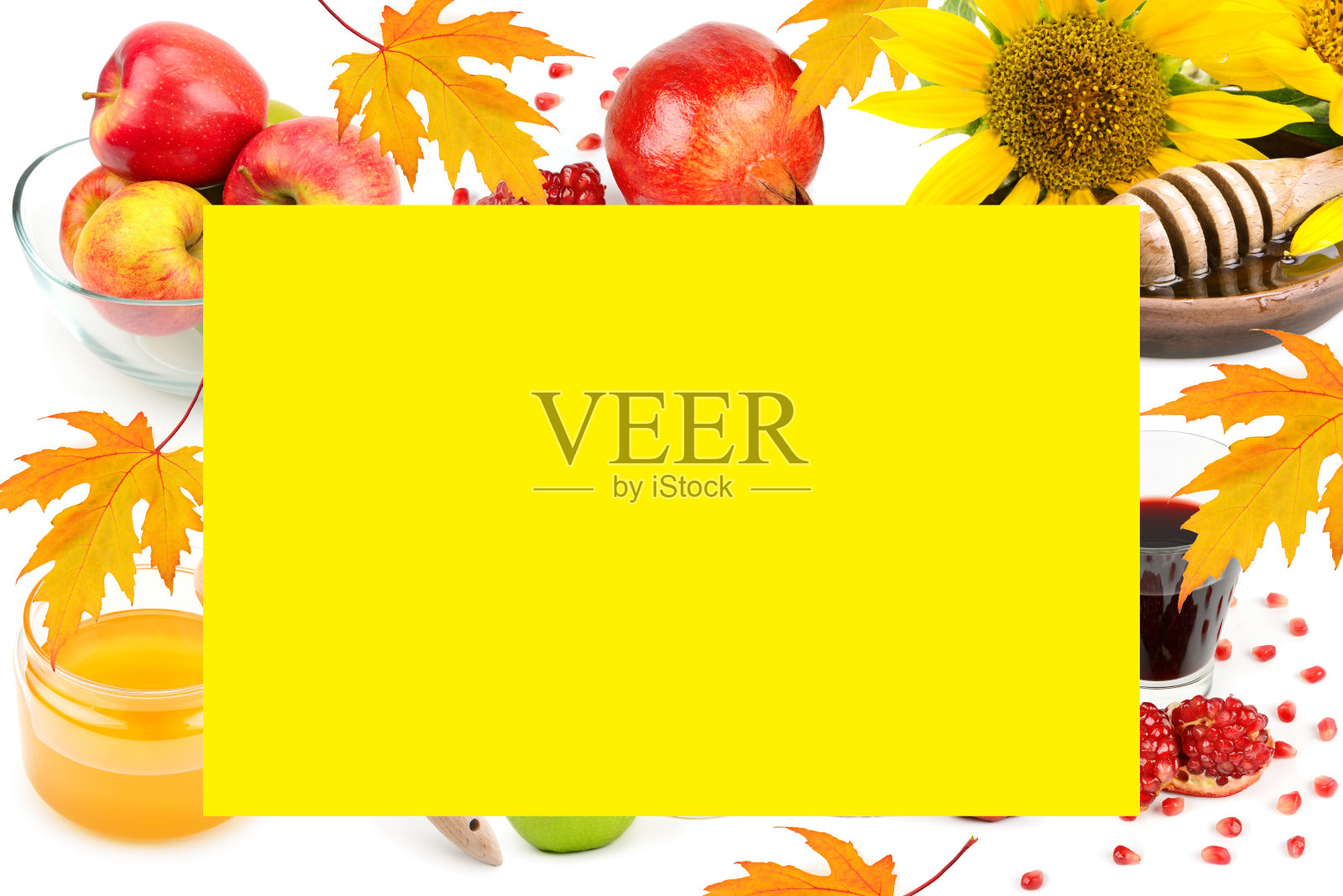 蜂蜜，苹果和石榴籽分离在白色背景上。文本的空闲空间。照片摄影图片