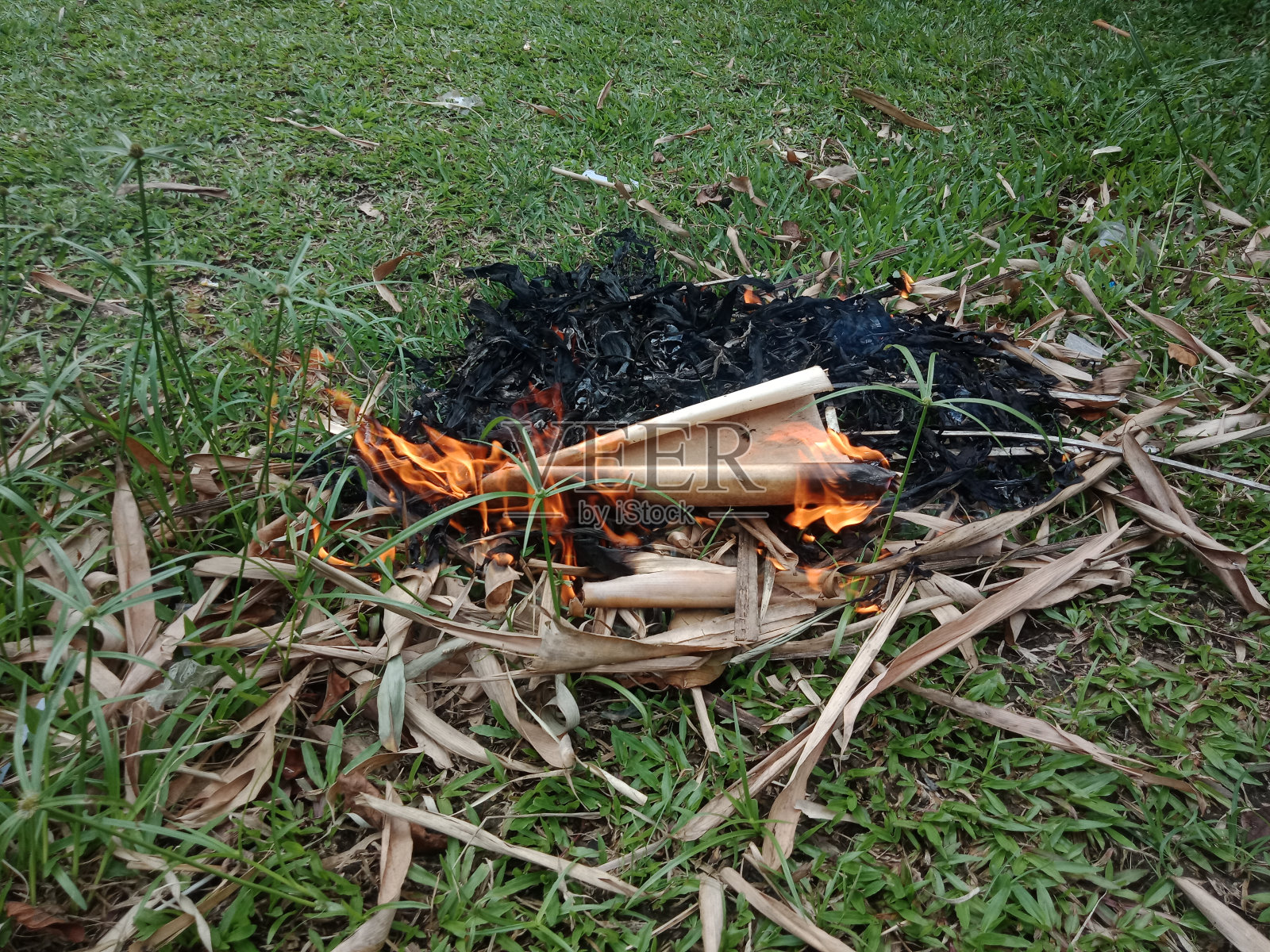 一场大火烧毁了侧院里的干树叶。照片摄影图片