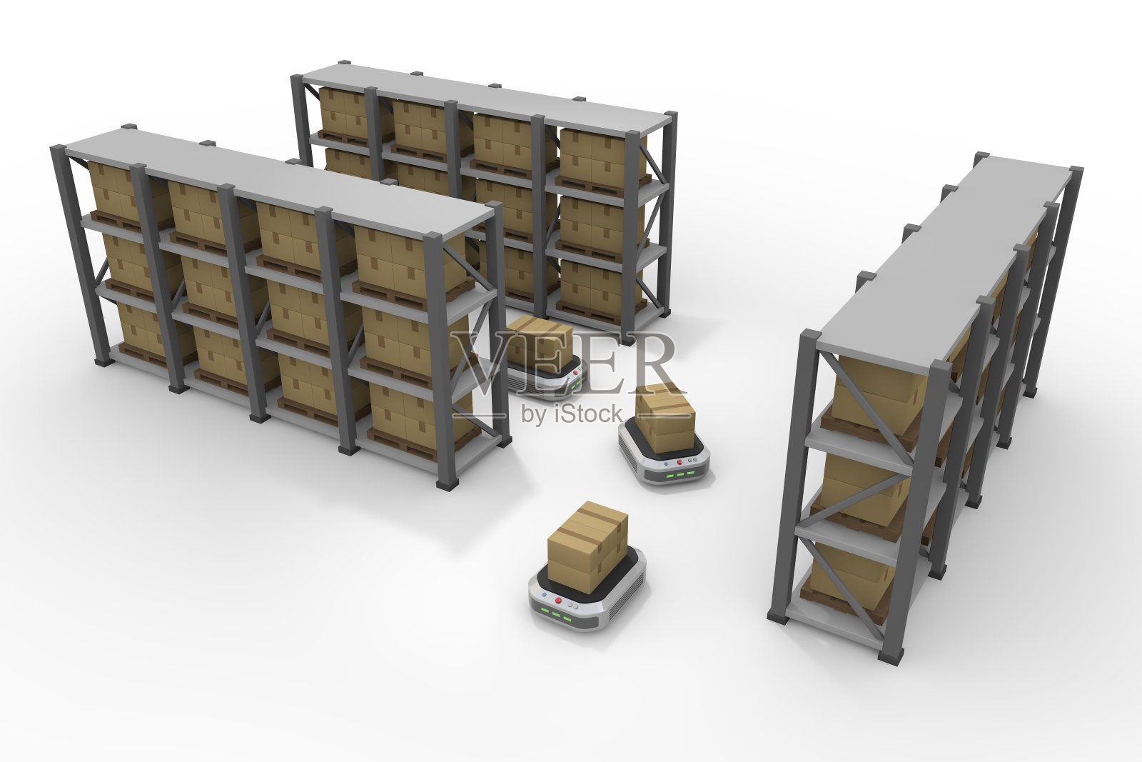 很多行李。仓库货架。携带纸箱。自动搬运东西的机器人。无人送货机。照片摄影图片
