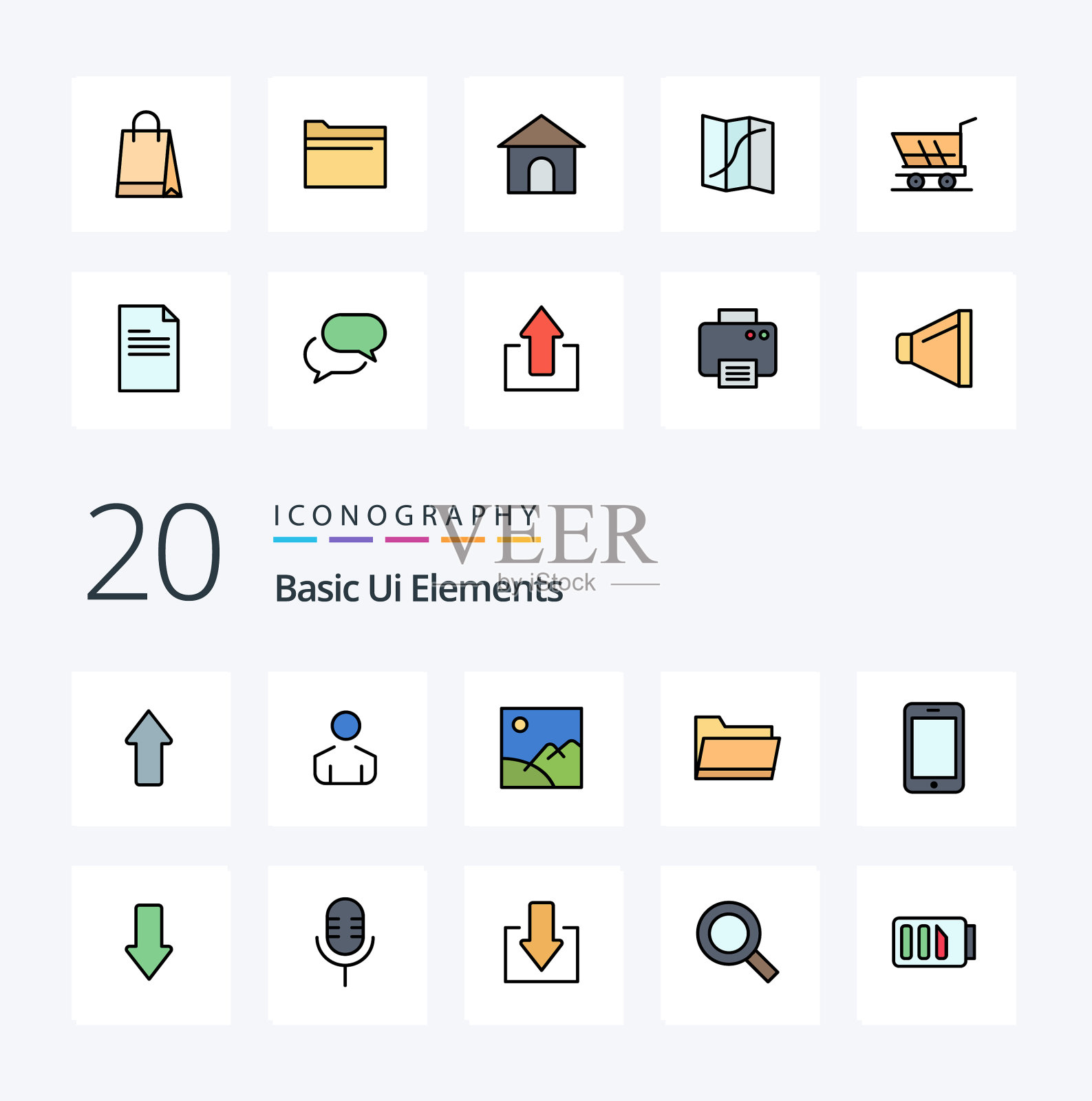 20个基本的UI元素行填充彩色图标包图标素材