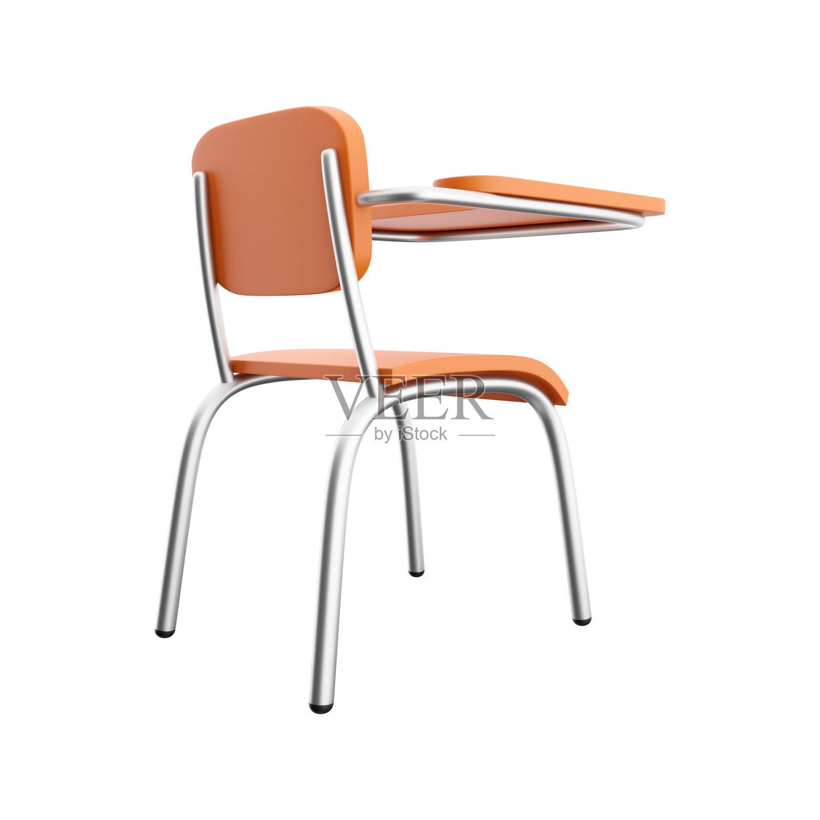 学校或学院的桌子与椅子孤立在白色背景的3D渲染。木制家具:一件木制家具一个学校课桌的3D渲染，图标。照片摄影图片