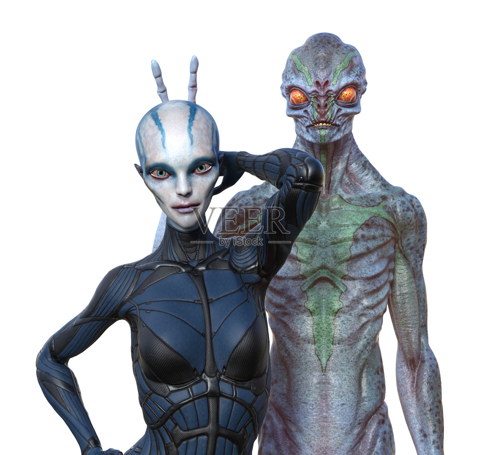 3d插图两个外星人玩得很开心，其中一个举起手来做角。照片摄影图片