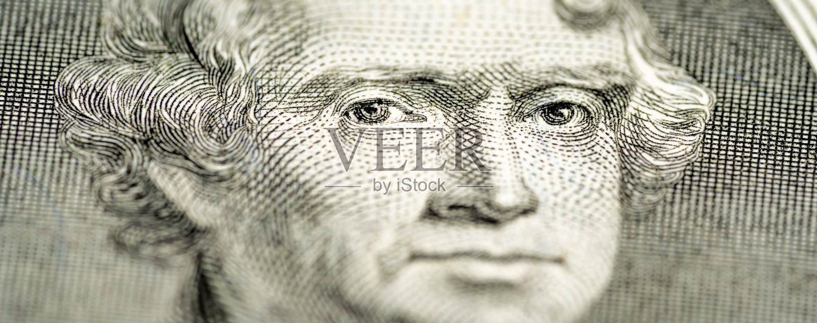 托马斯·杰斐逊的两美元钞票特写。横幅照片摄影图片