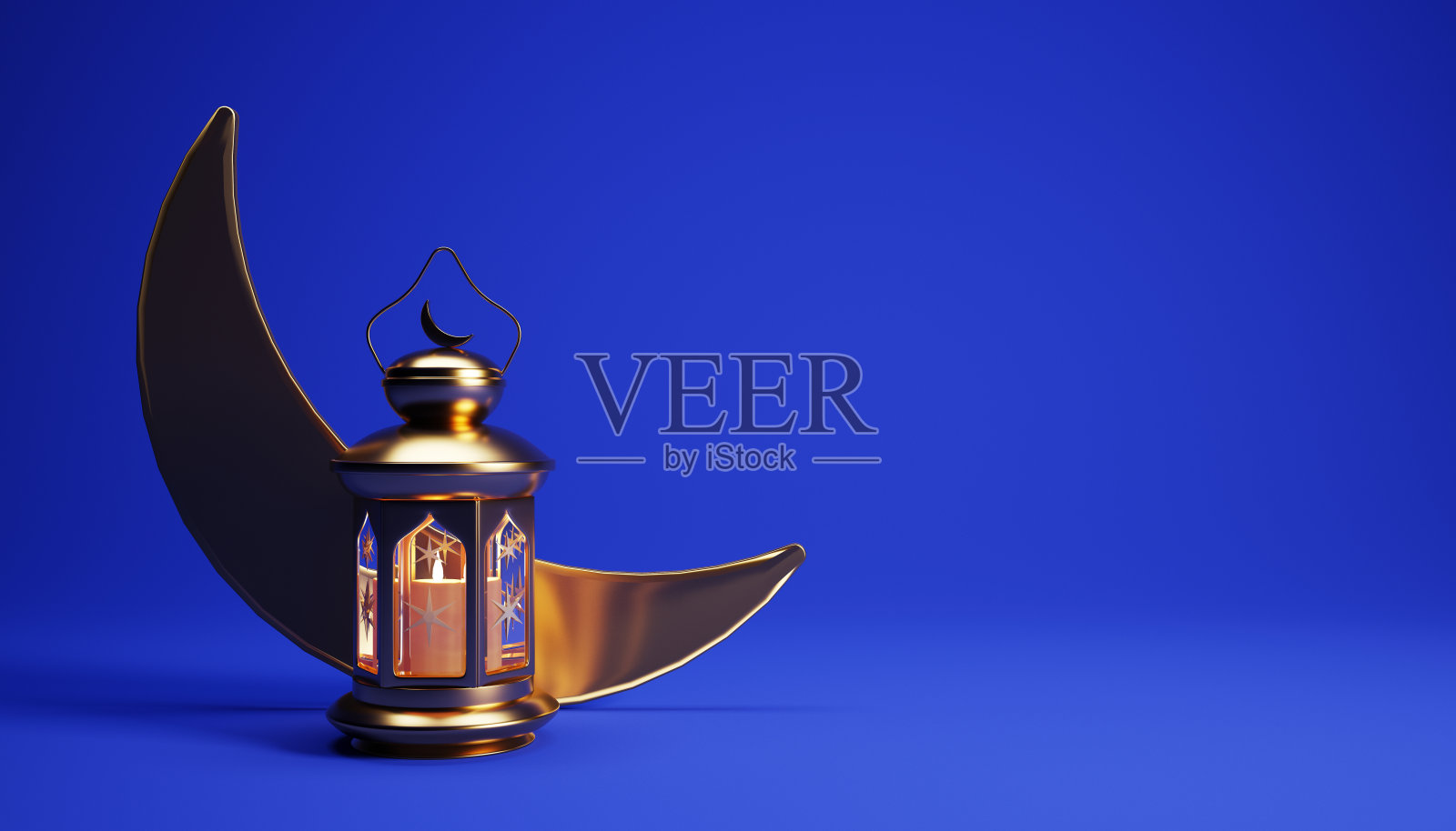 三维斋月背景与金色灯笼，新月和复制空间。照片摄影图片