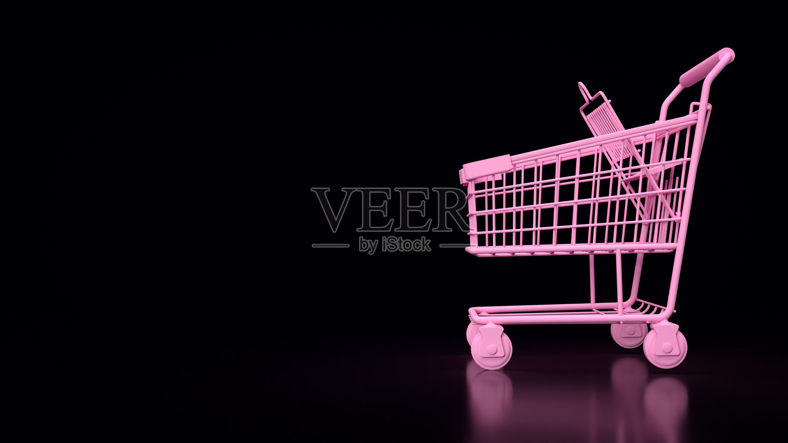 黑色背景上的粉色购物车3d渲染照片摄影图片