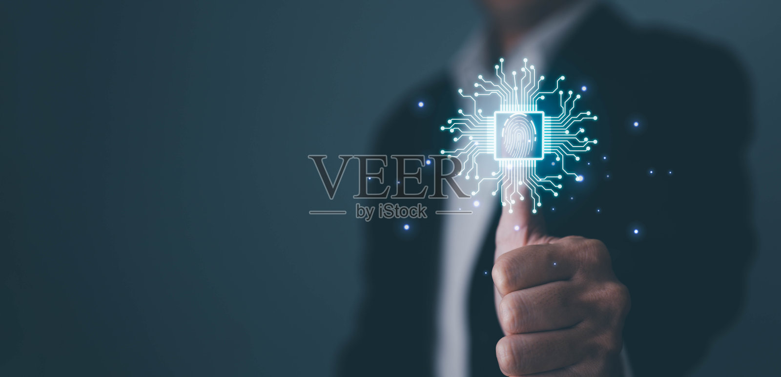 竖起大拇指，虚拟指纹扫描生物识别身份和访问密码。指纹技术用于安全系统和防范黑客的概念。照片摄影图片