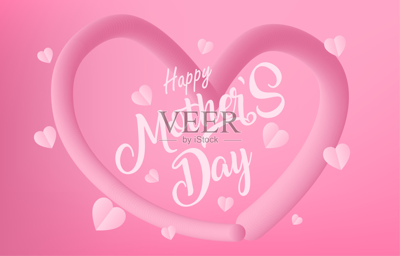 母亲节贺卡横幅矢量与3d飞行心形粉红色剪纸。粉色背景上的爱的象征和手写的信件。插画图片素材