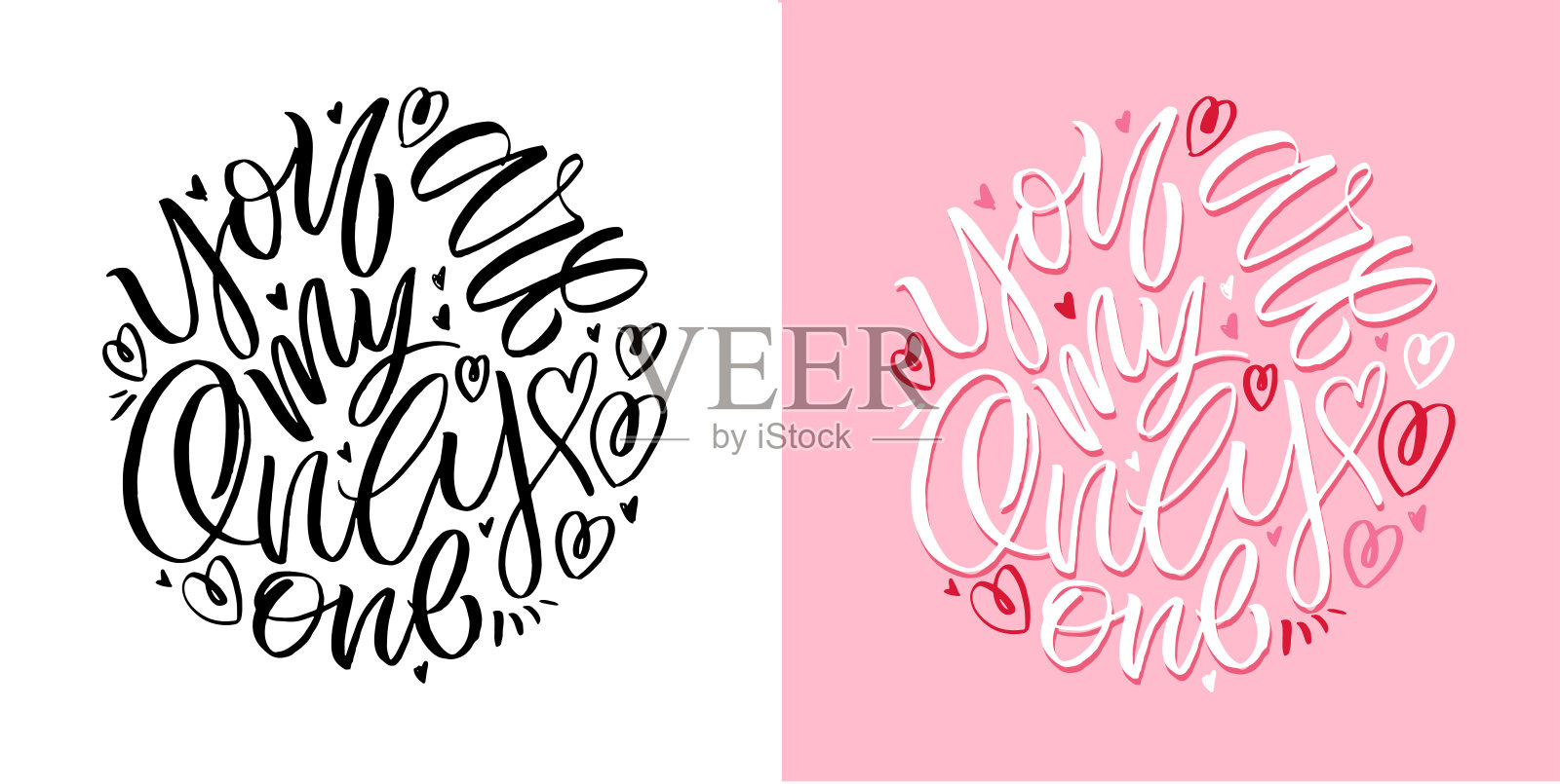 写关于爱的明信片。情人节快乐卡片-手绘涂鸦字母明信片。心，做我的。向量插画图片素材