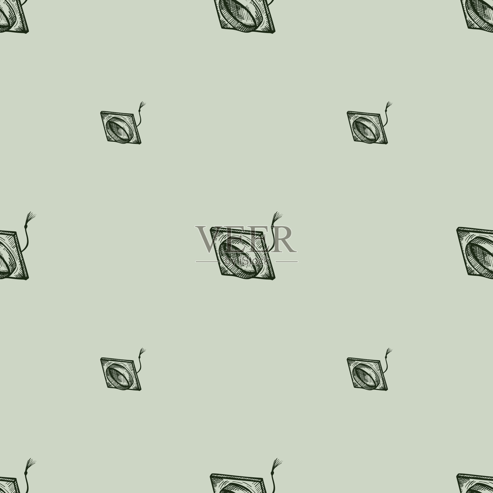 毕业生帽子上刻着无缝图案。手绘风格的复古元素教育。素描纹理的织物，墙纸，纺织品，印刷，标题，包装纸。矢量插图。插画图片素材