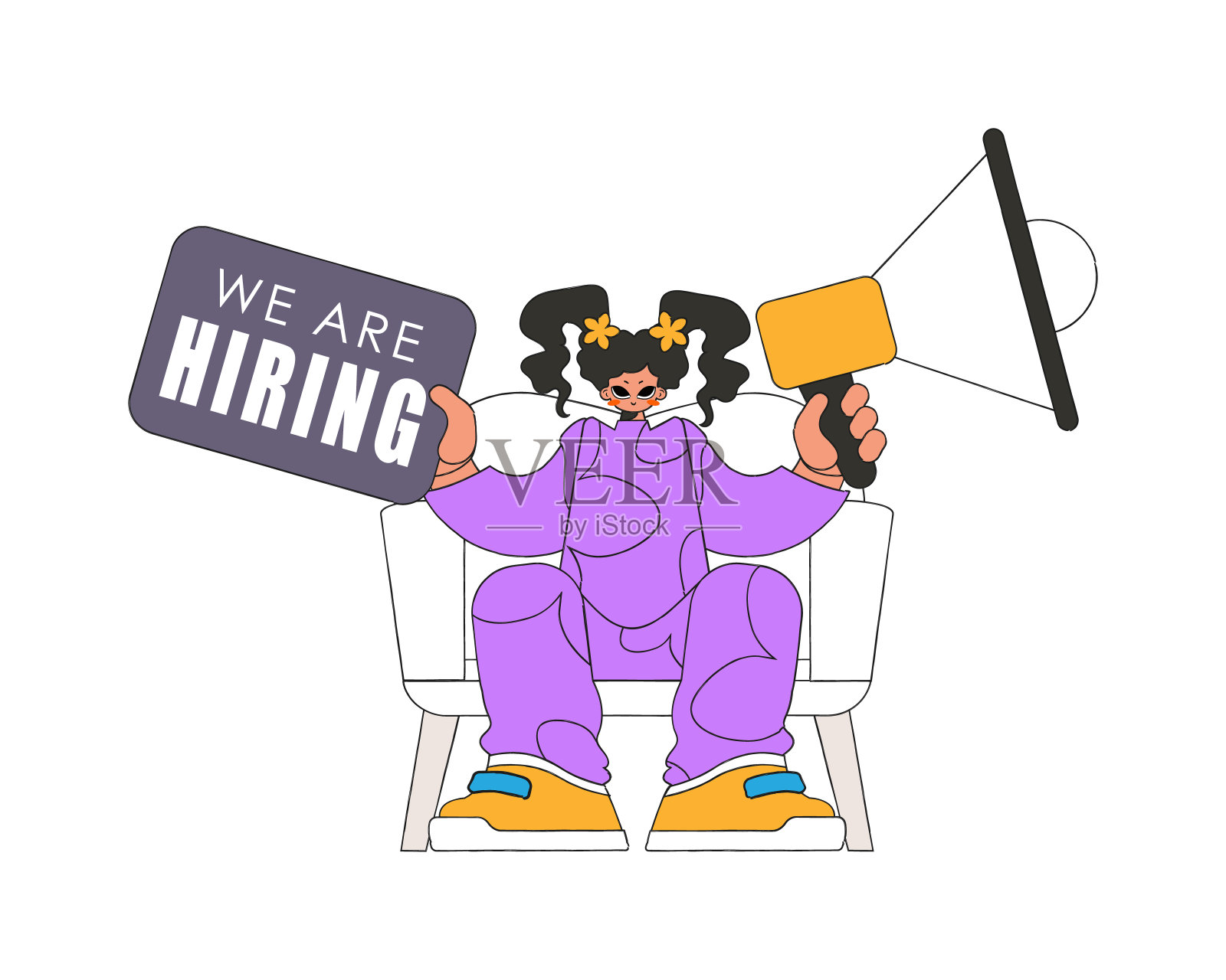 一个迷人的女人坐在椅子上，手里拿着扩音器。很适合求职话题。插画图片素材