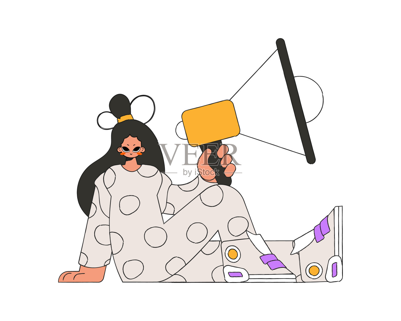 时髦的女孩坐在地板上，拿着扩音器。插画图片素材