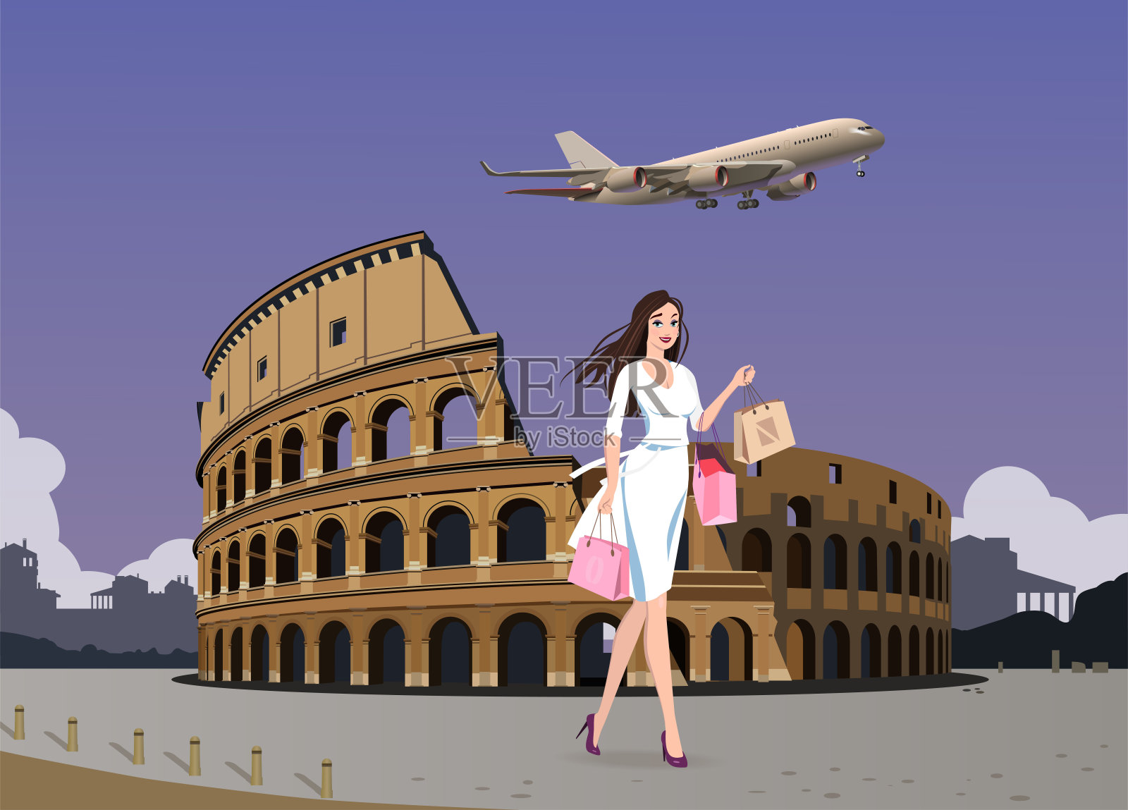 这个女孩周末飞到罗马购物。向量。插画图片素材