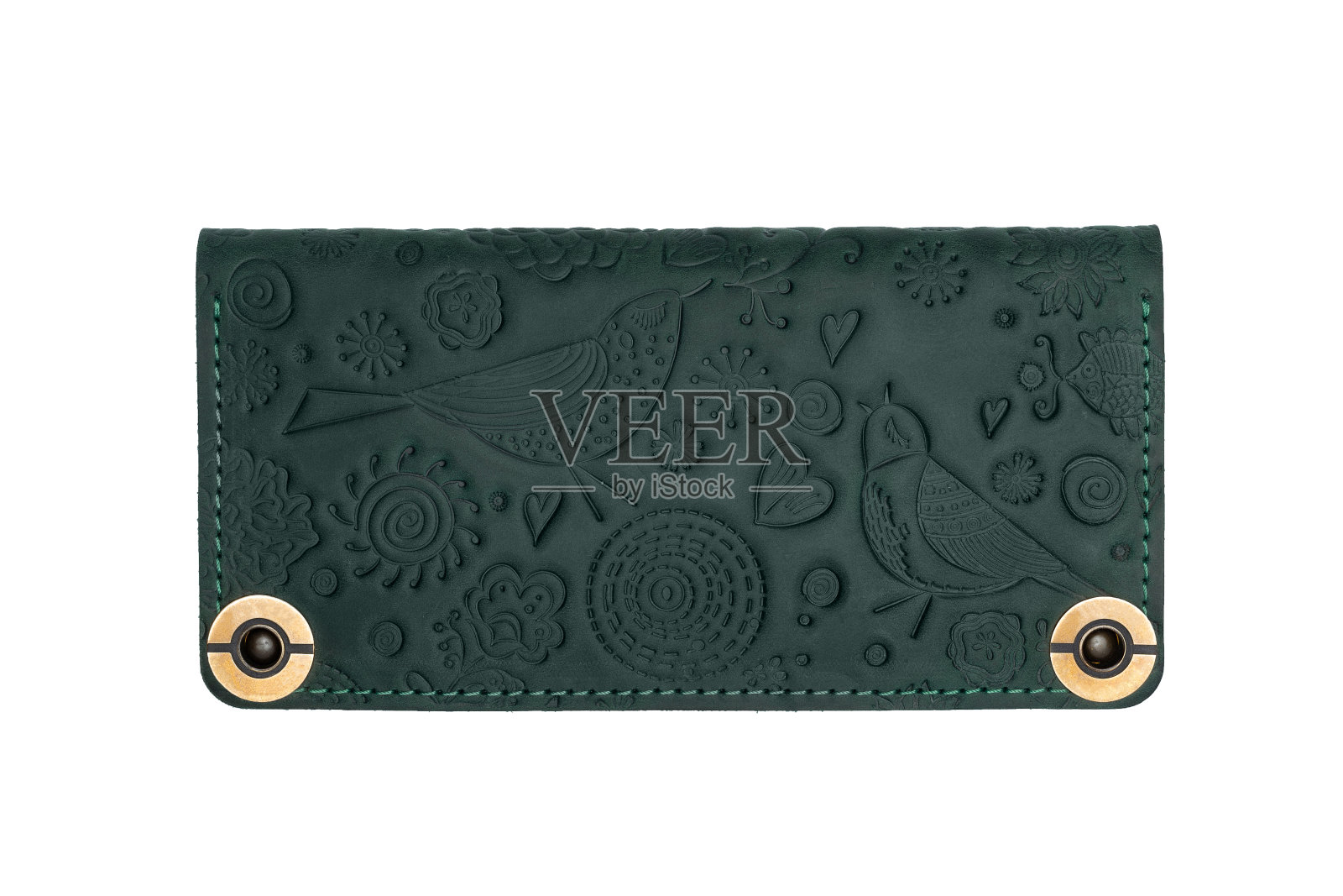 大的绿色皮革钱包上有一个白色背景的纽扣，鸟的图案。俯视图照片摄影图片