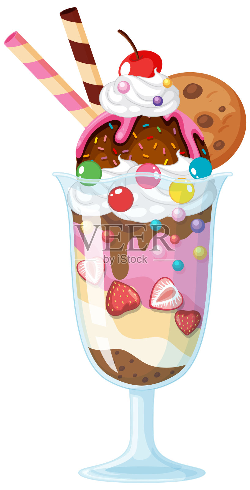冰淇淋圣代装在玻璃杯里插画图片素材