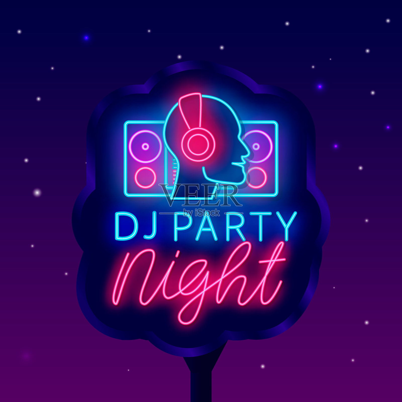 Dj派对之夜霓虹灯街广告牌。发光的广告。Dj和播放器。矢量股票图插画图片素材