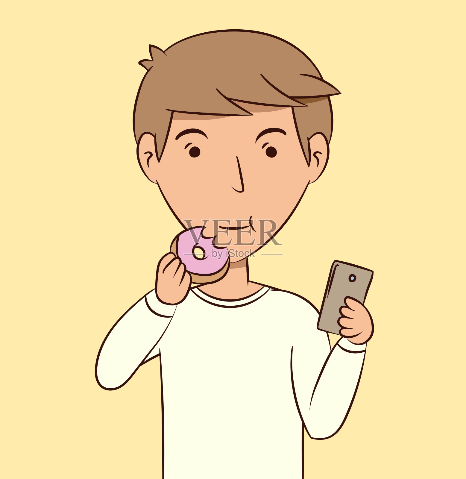年轻人吃着甜甜圈，看着智能手机插画图片素材
