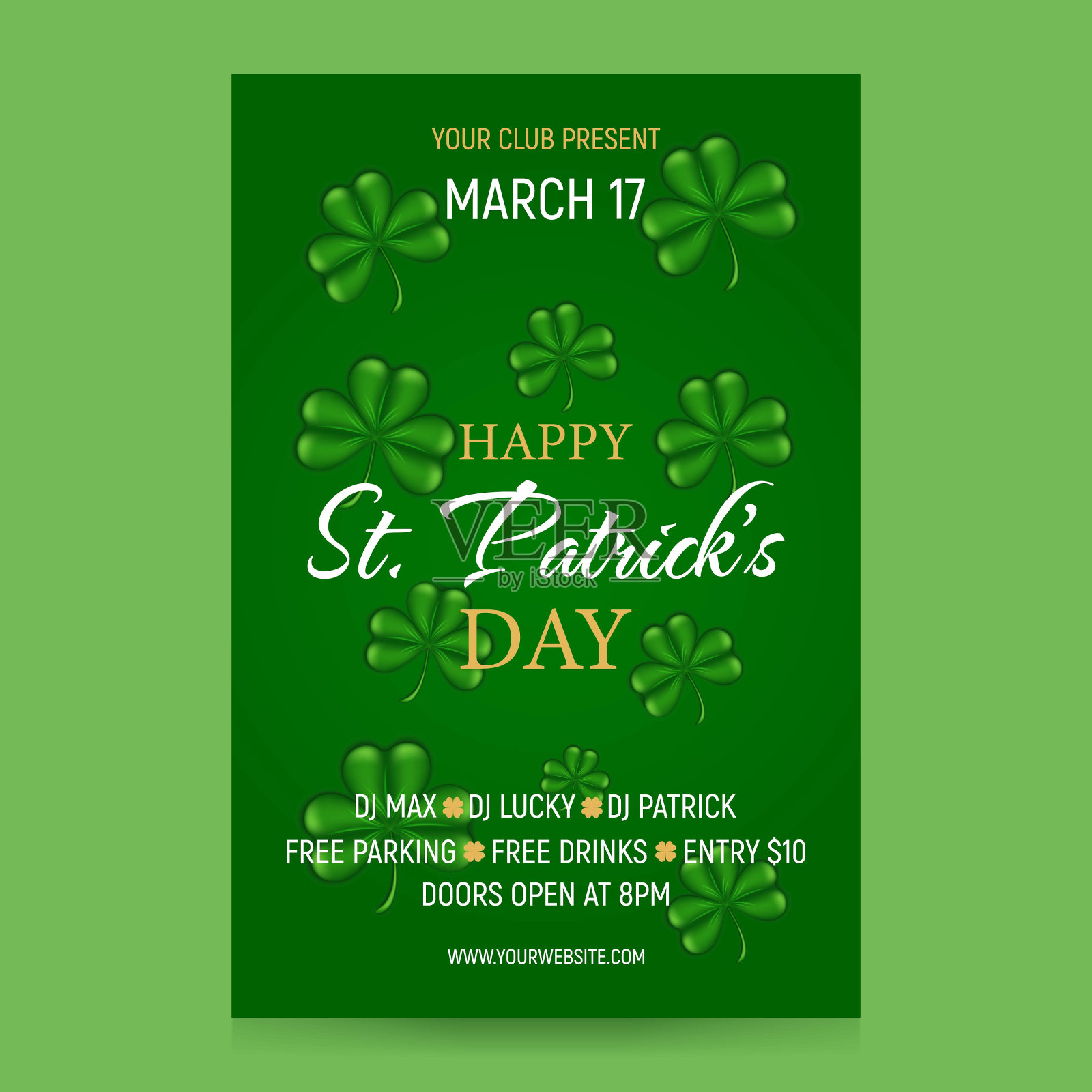 圣帕特里克节快乐派对设计模板。祝贺背景传单，海报，横幅，节日邀请。绿三叶草，庆文。绿色背景。矢量插图。插画图片素材