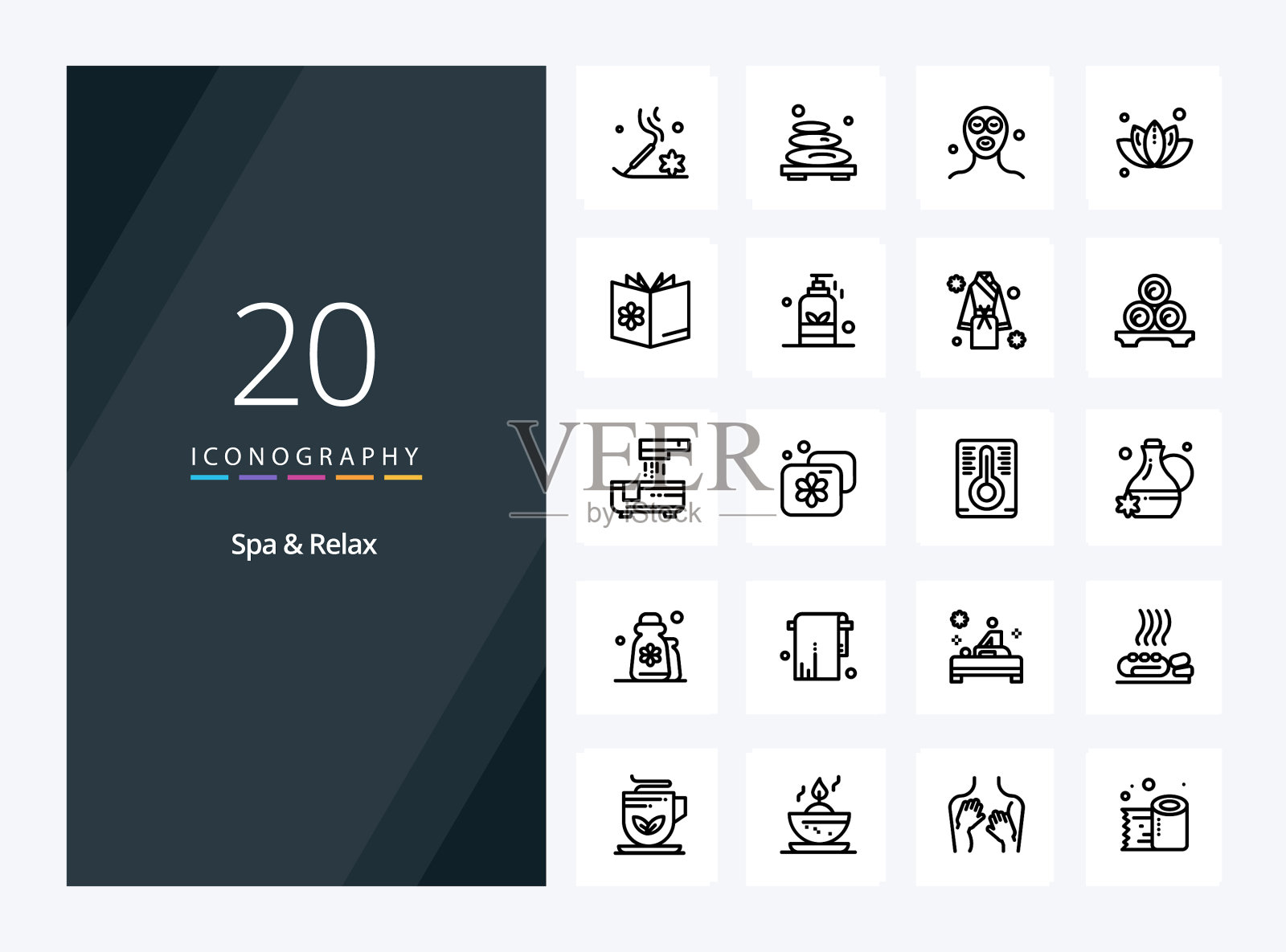 20水疗和放松轮廓图标的介绍图标素材
