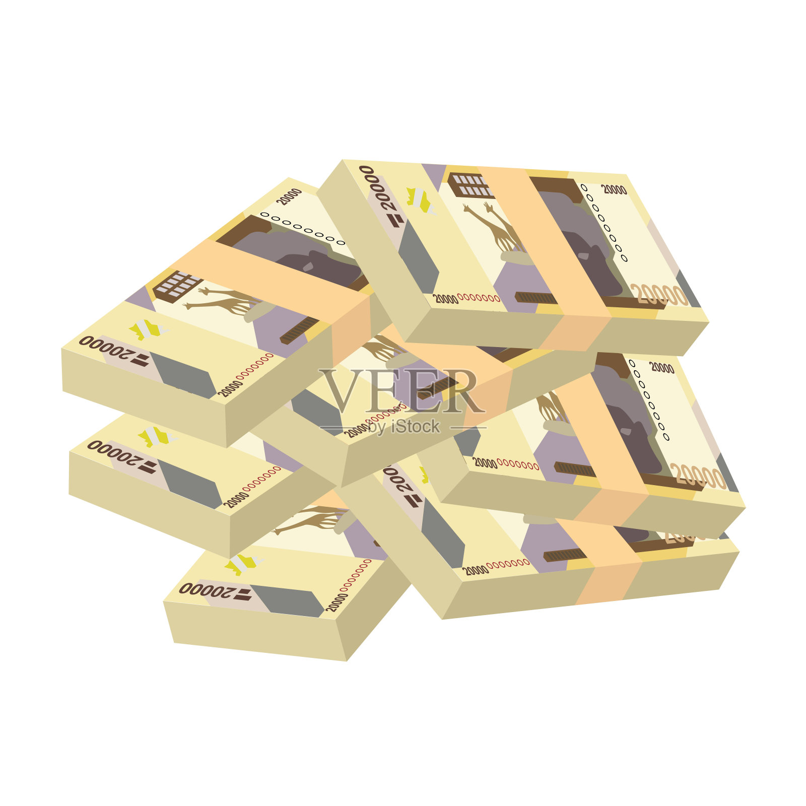 刚果法郎矢量插图。刚果货币套装捆绑钞票。纸币20000 CDF。平的风格。孤立在白色背景上。简单的最小设计。插画图片素材