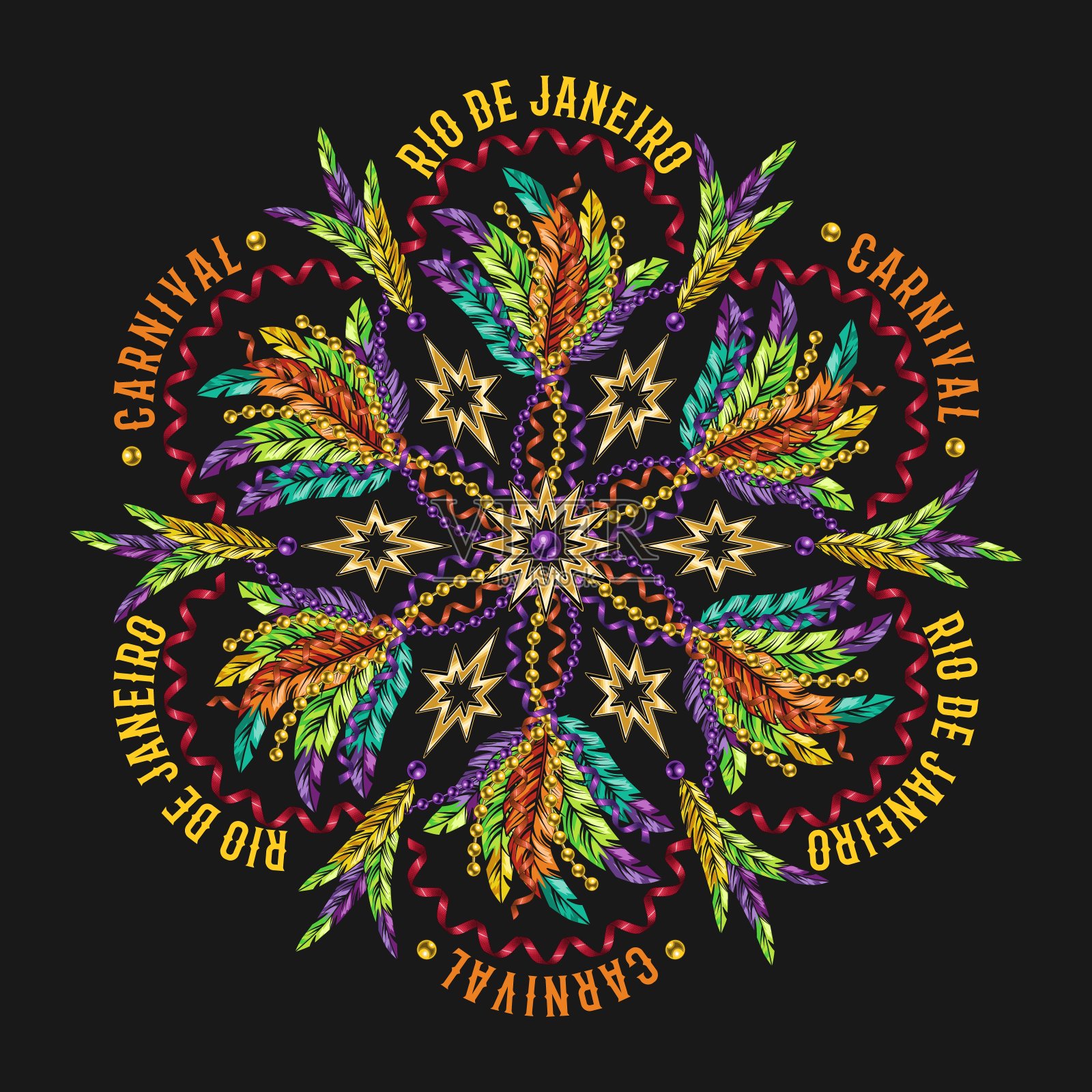 圆形图案像巴西狂欢节里约热内卢里约热内卢。彩带、丝带、羽毛、珠子、文字、金星。适用于印花、服装、t恤、板、面设计。复古风格插画图片素材