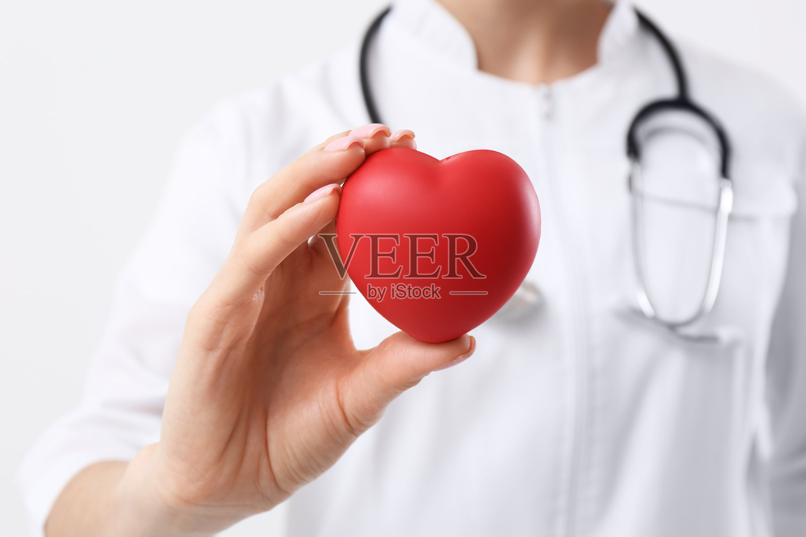 医生拿着白底红心，特写。心脏病学的概念照片摄影图片