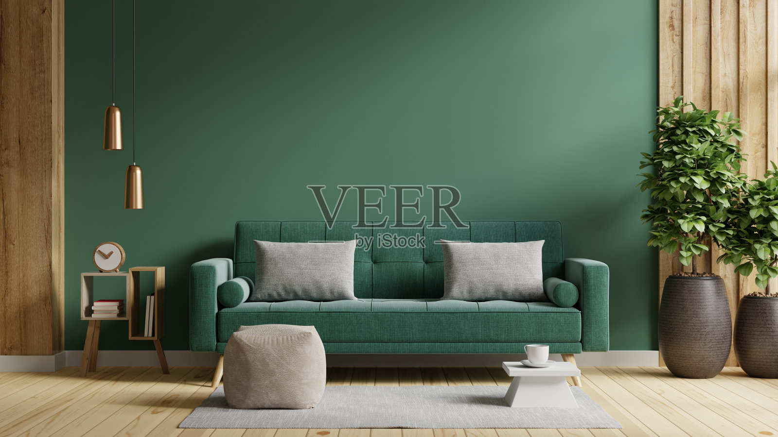 墙壁模型在暗色调与绿色沙发和客厅装饰。照片摄影图片