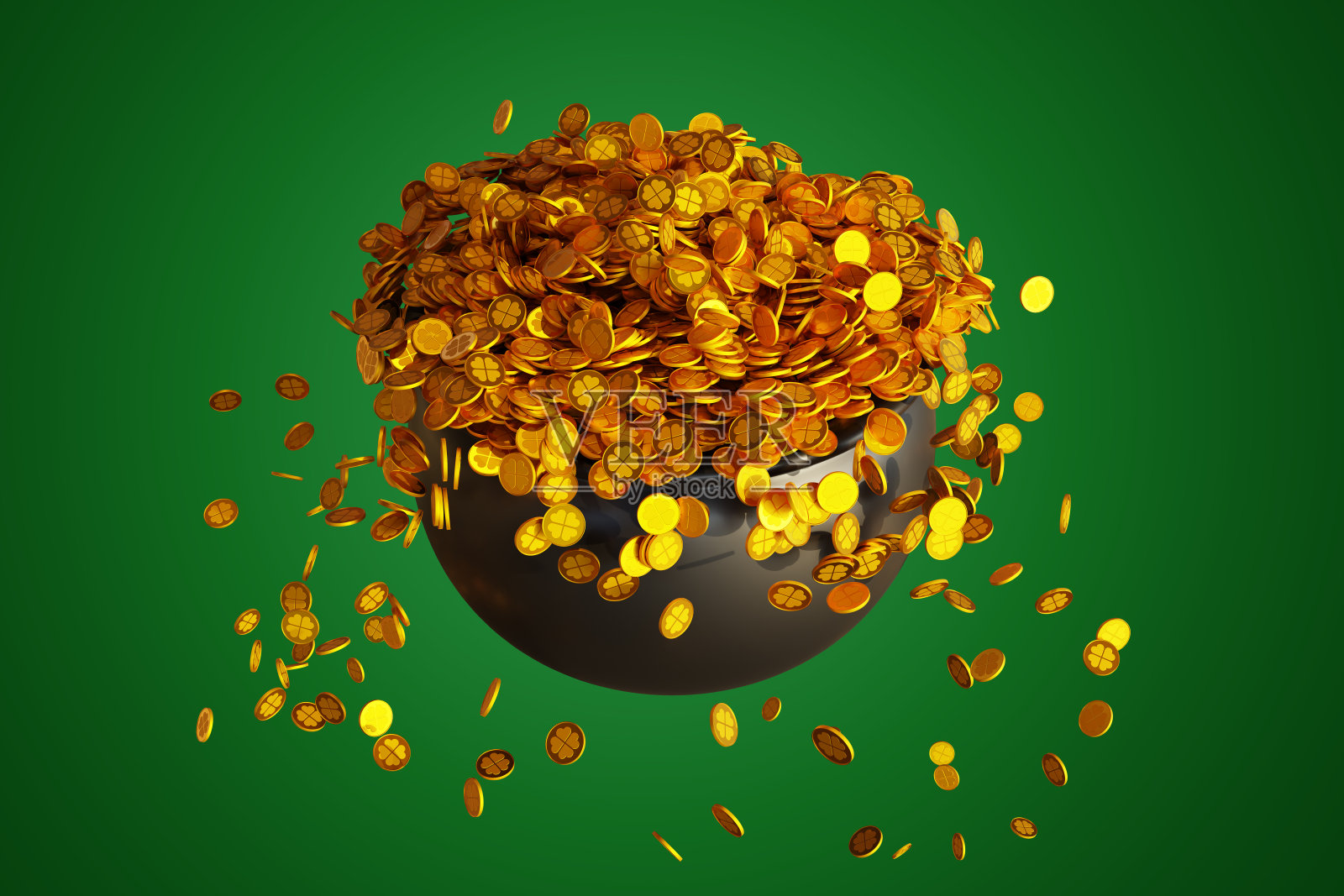 帕特里克。铁锅大锅装满金币孤立在绿色背景。好运多多，财源滚滚。三维渲染照片摄影图片