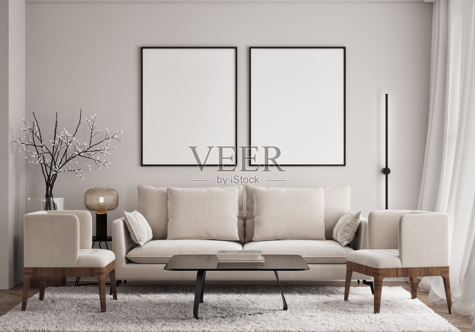 客厅与厨房和餐厅的墙壁上的模型海报框架。现代设计的豪华公寓背景。现代室内设计。3D渲染，3D插图。照片摄影图片