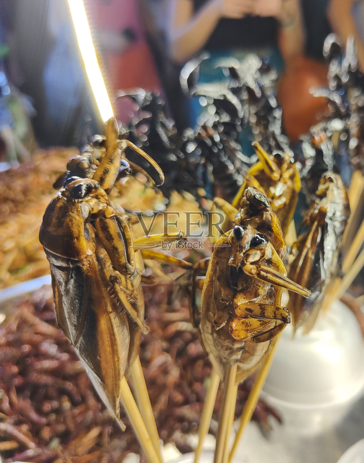 在泰国曼谷的街道上，酥脆的油炸昆虫作为零食出售。照片摄影图片