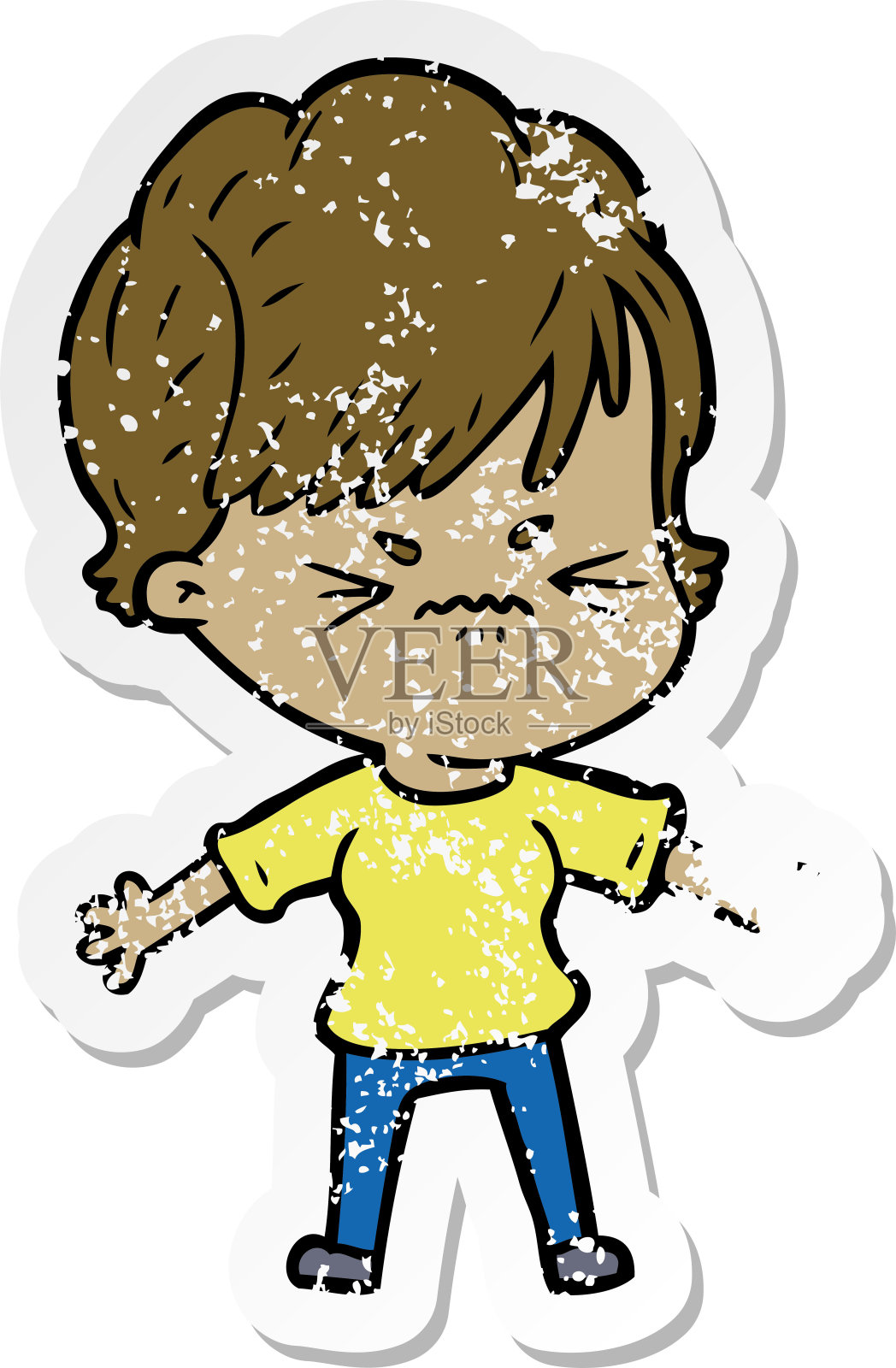 一个沮丧的卡通女人的痛苦贴纸插画图片素材