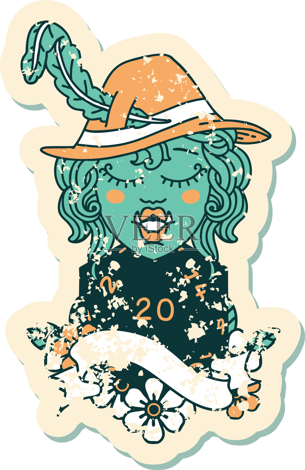 复古纹身风格歌唱半兽人吟游诗人字符与自然二十骰子滚动插画图片素材