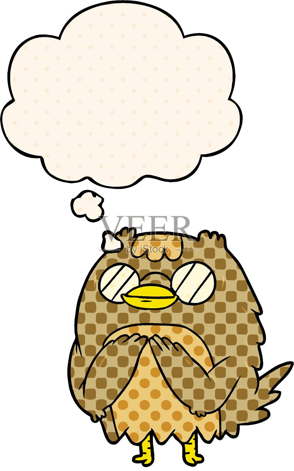 卡通聪明的老猫头鹰与思想泡泡在漫画风格设计元素图片
