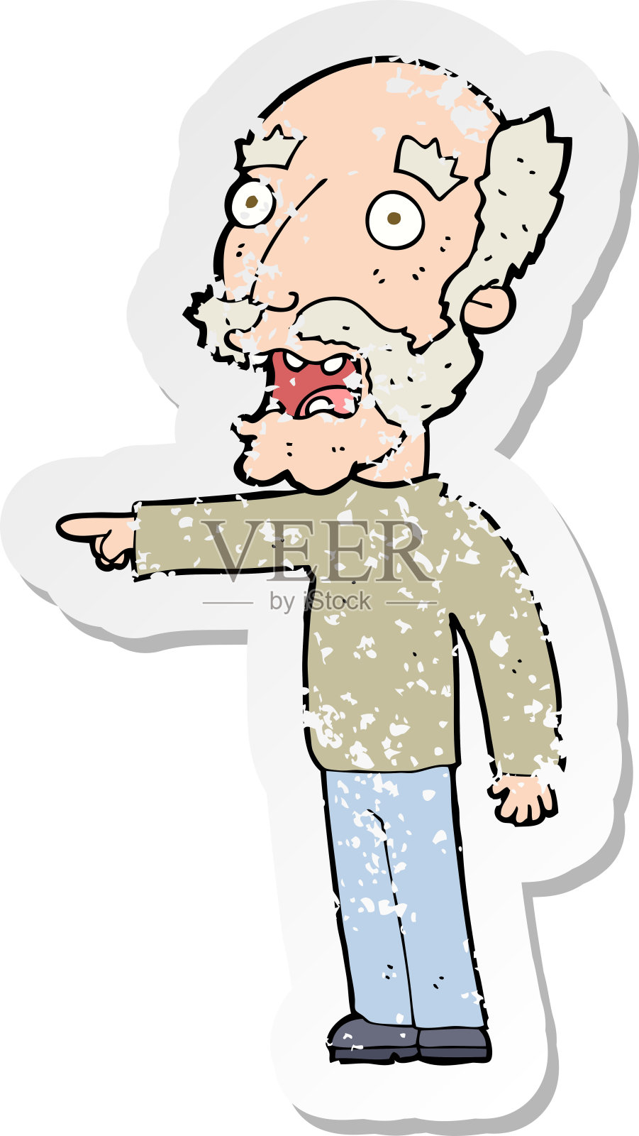 复古的心疼贴纸的卡通吓坏了老人指向插画图片素材