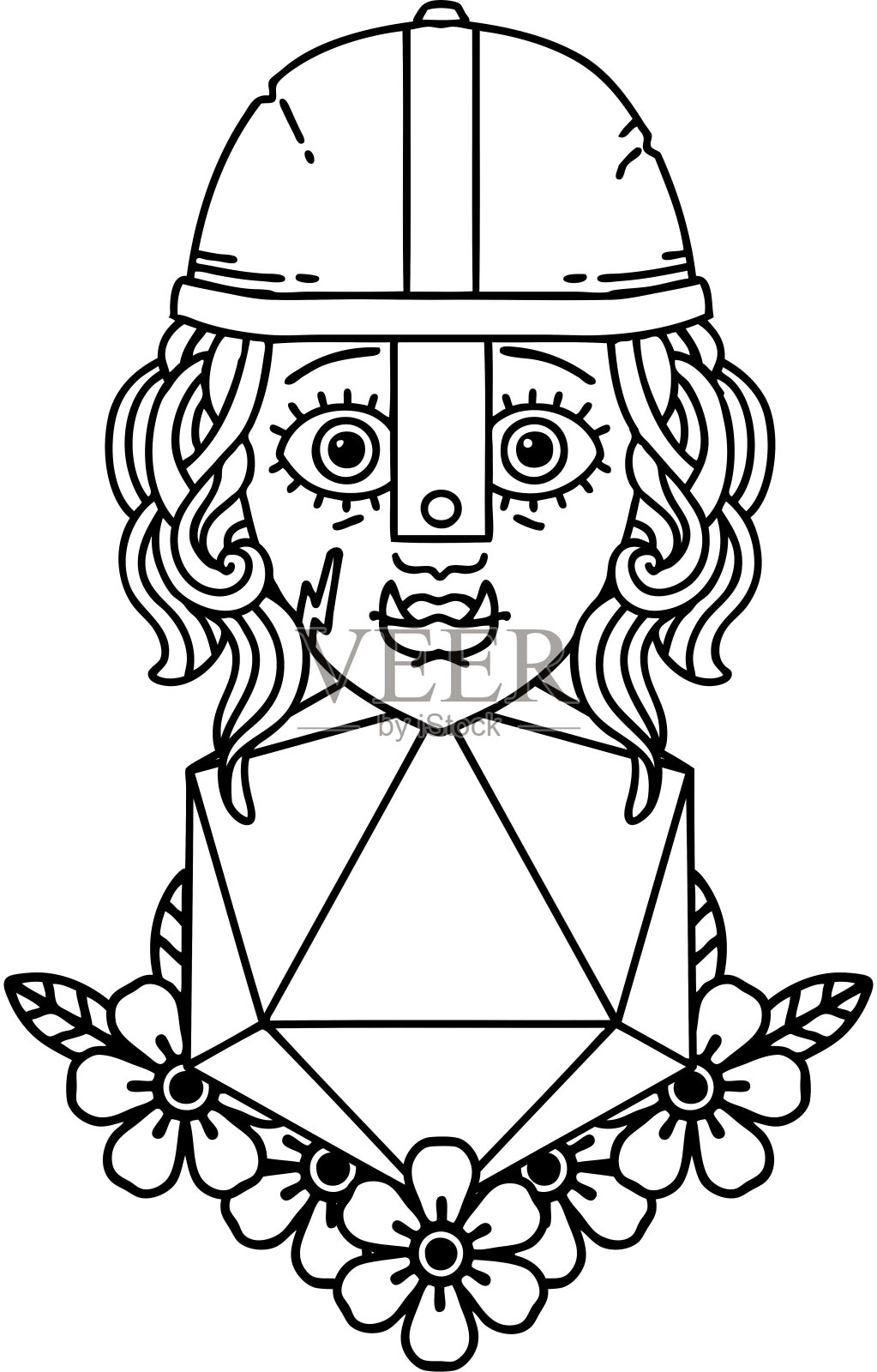 黑白纹身线条风格半兽人战士性格与自然二十骰子滚动插画图片素材