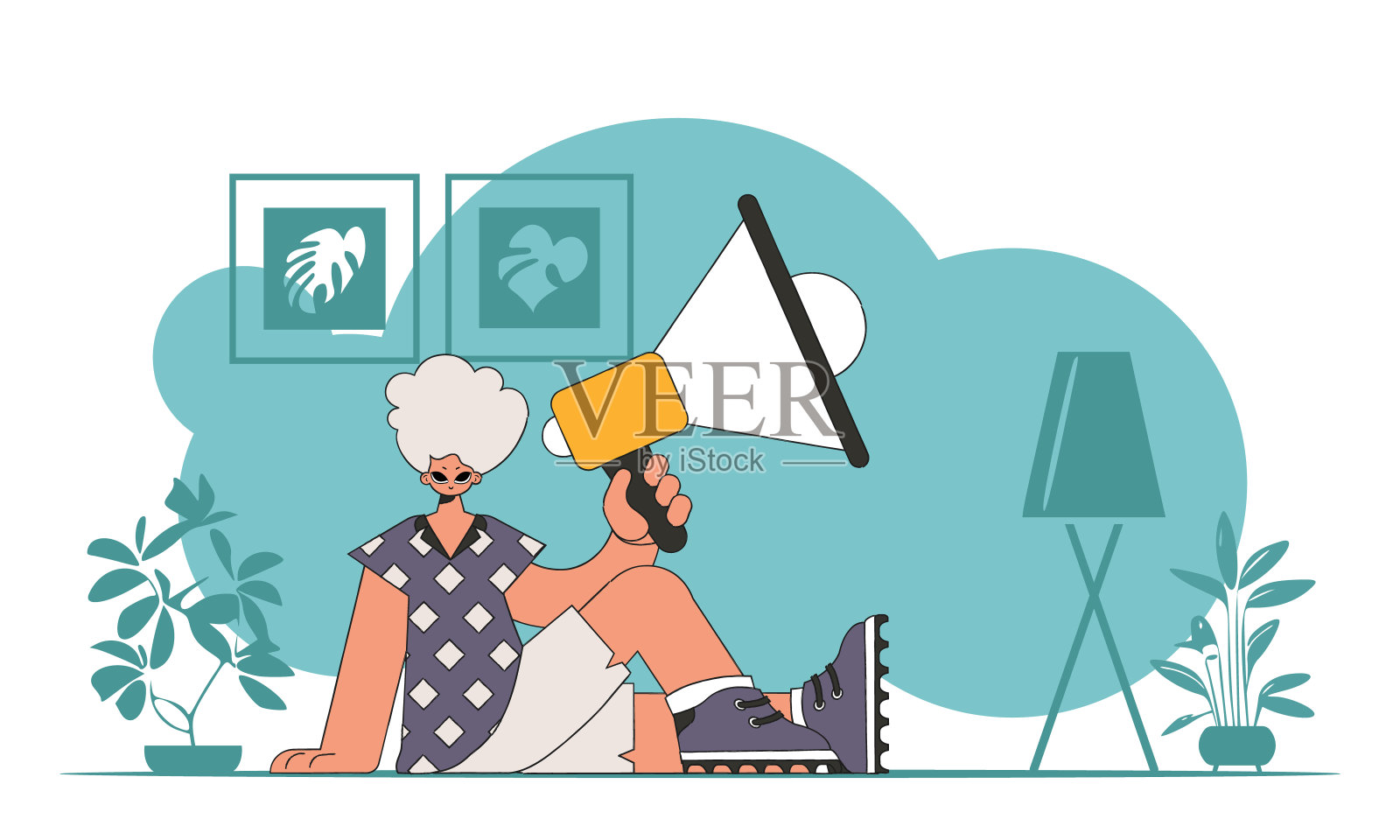 人力资源专家的矢量图。一个年轻人坐在地板上，手里拿着一个扩音器。插画图片素材