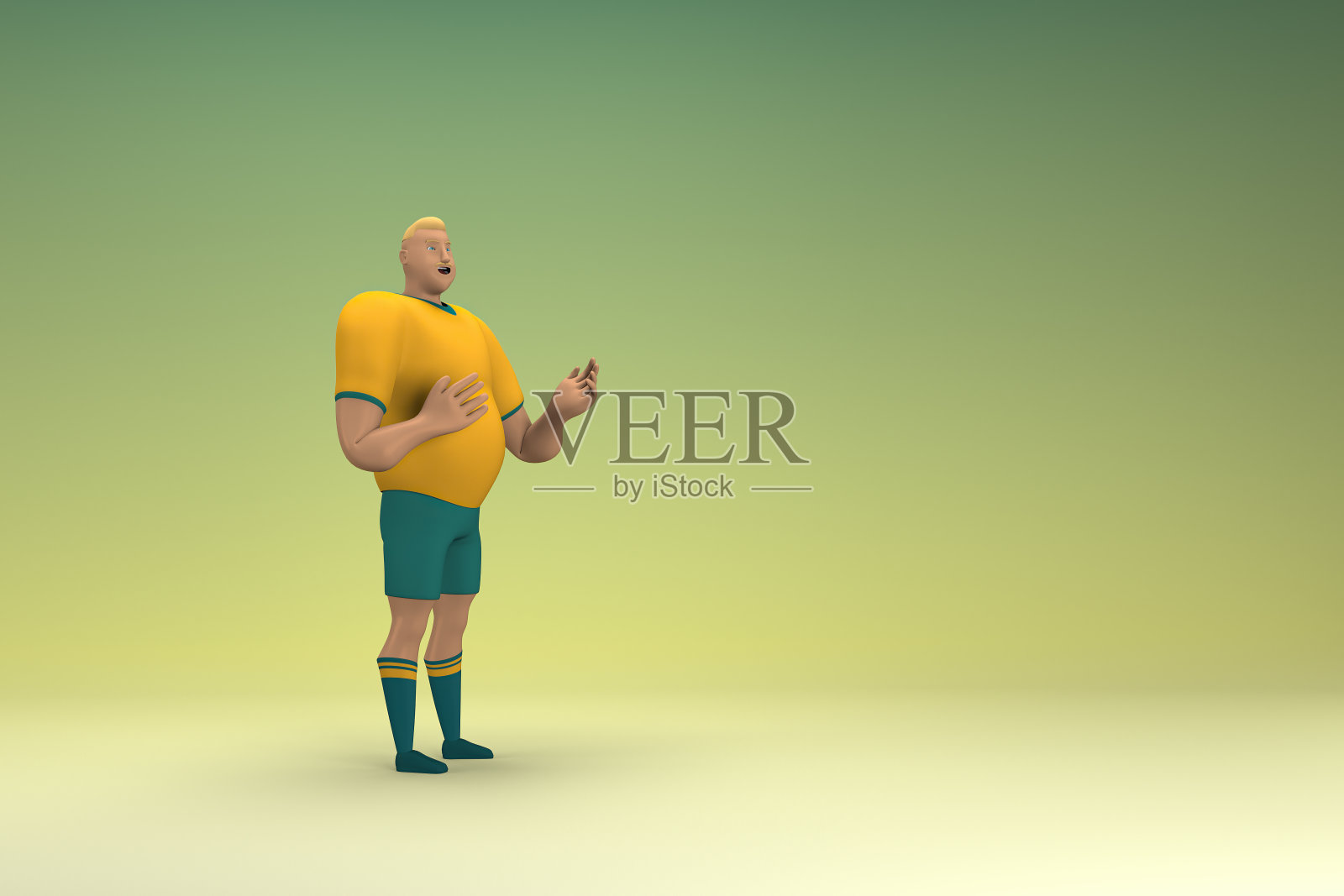 穿着黄色衬衫和绿色裤子的运动员说话时是手势。动画角色在表演中的三维渲染。照片摄影图片