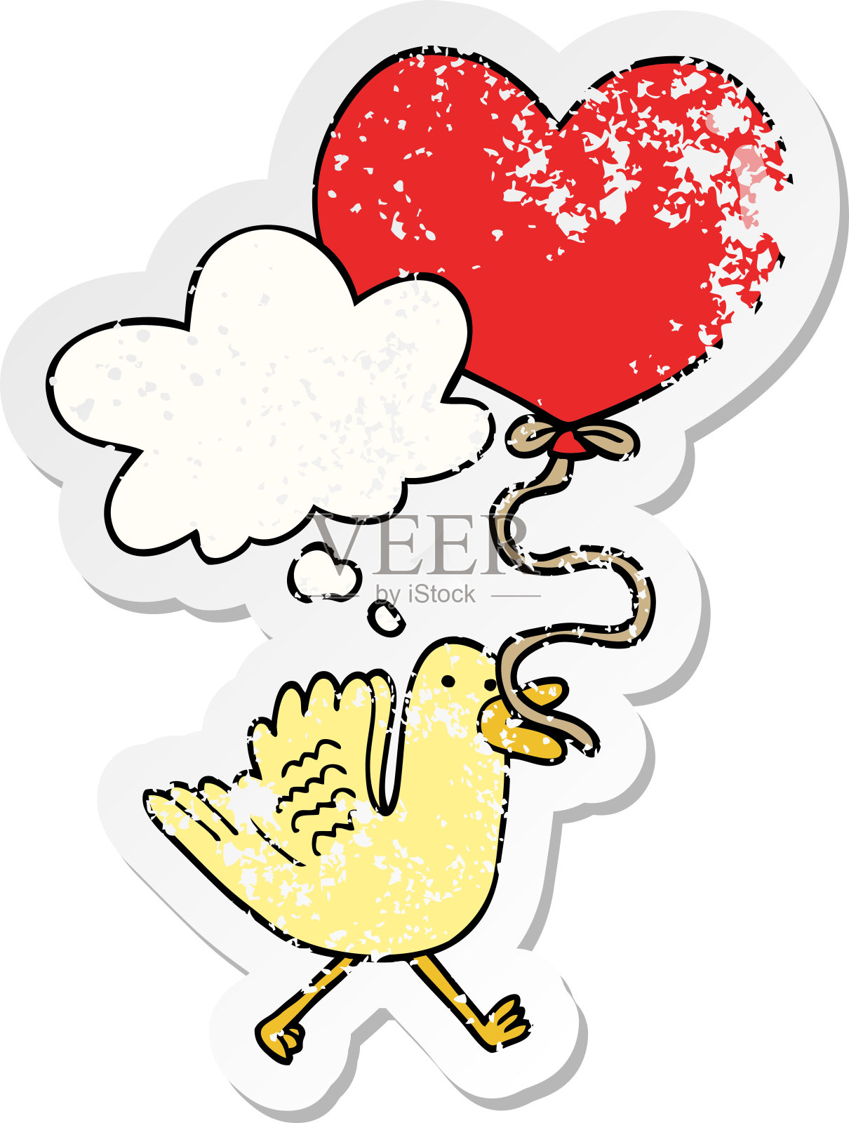 卡通鸟与心脏气球与思想泡沫心疼磨损贴纸插画图片素材