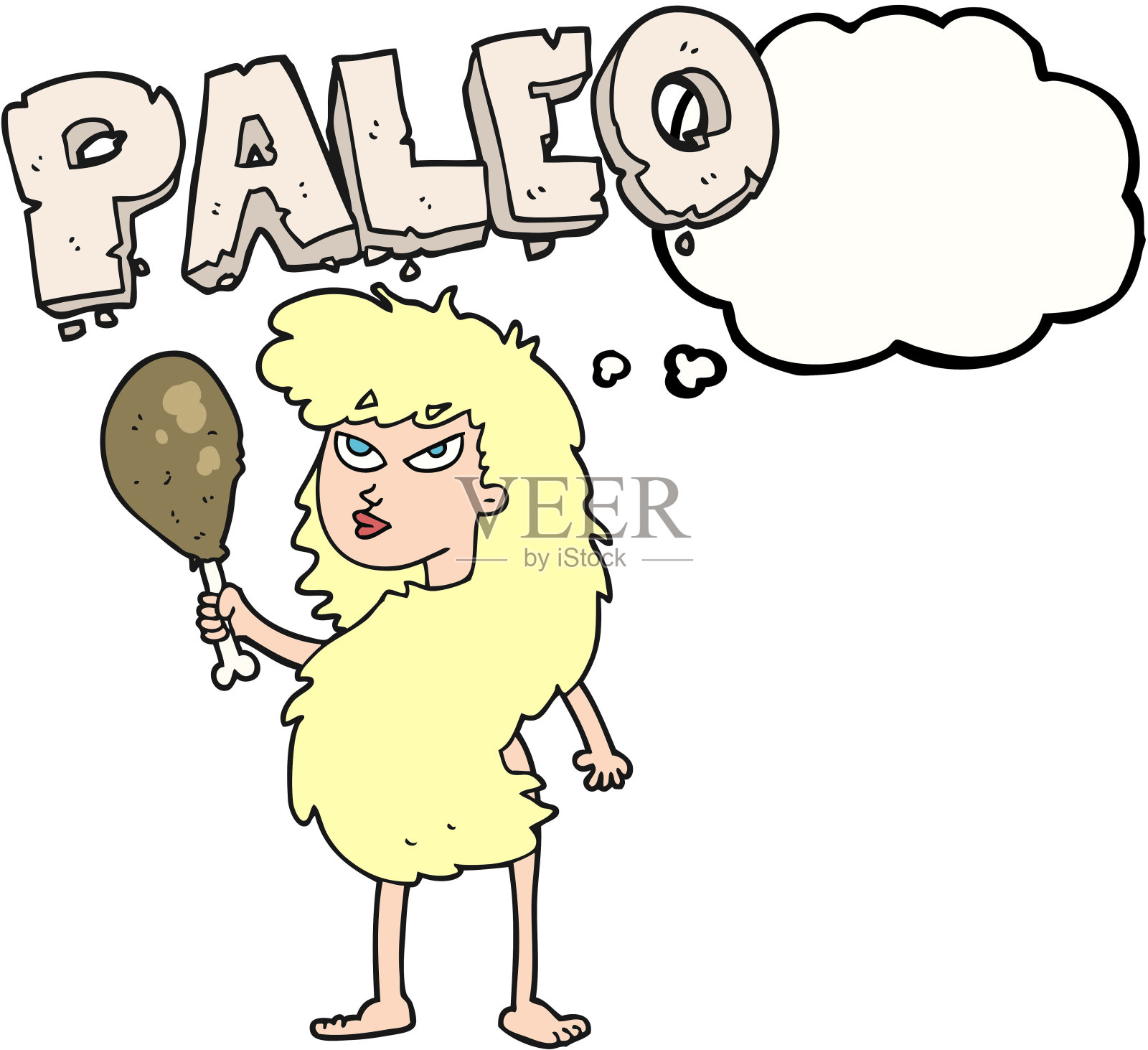 手绘的思想泡泡卡通女人在旧石器时代的饮食插画图片素材