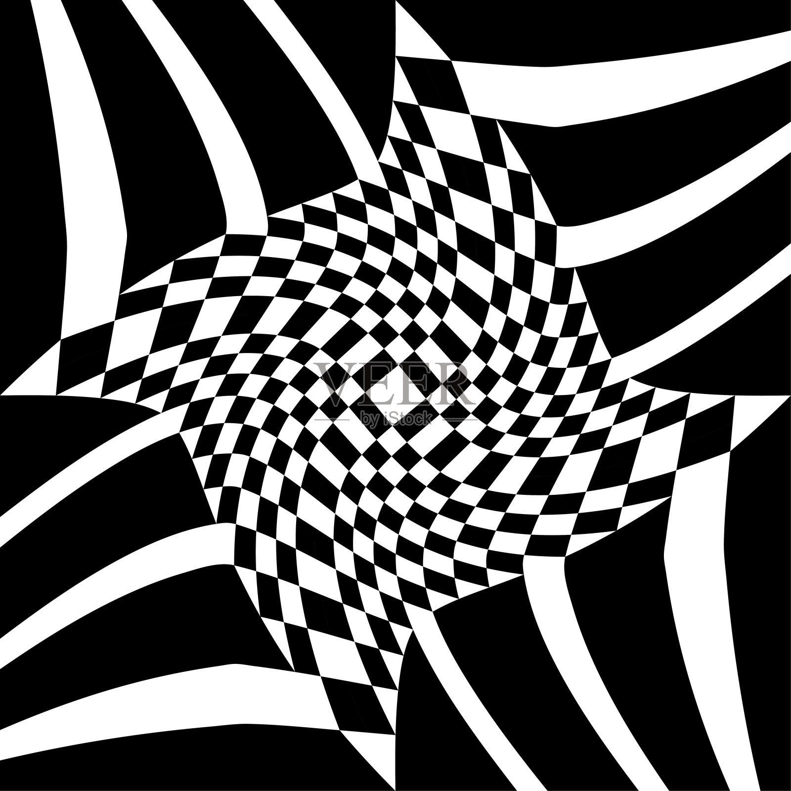扭曲的国际象棋背景黑白方格背景。具有视觉失真效果的几何图案插画图片素材