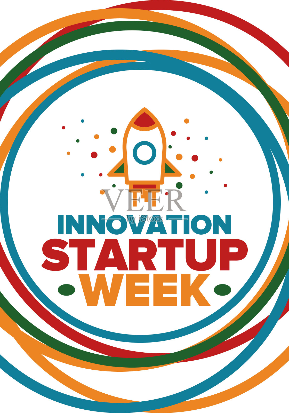 创新创业周。为未来的成功而举办的商业活动。技术开发创业公司，寻求资金和赞助。为公司制定有创意的营销策略。领导会议。向量的火箭。旗帜设计。附有插图的海报插画图片素材