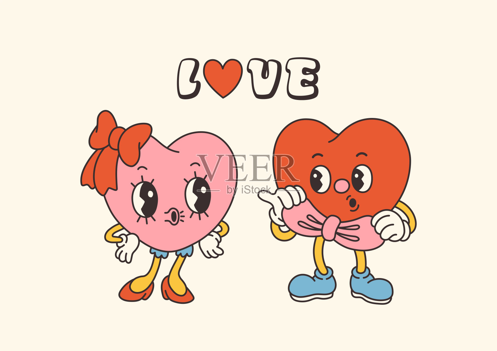 复古时髦的情人节人物与关于爱的口号。流行的70年代卡通风格。卡片，明信片，打印矢量插画图片素材