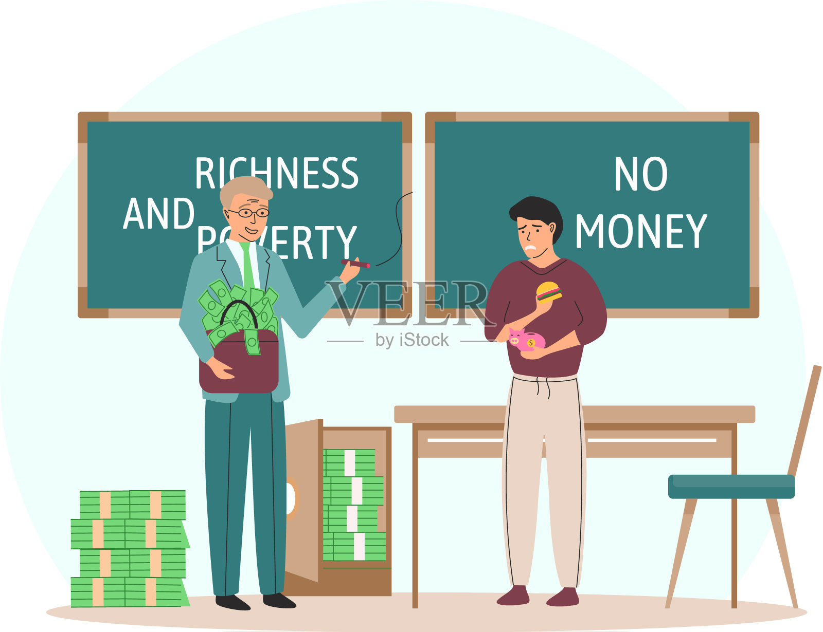 富有和贫穷的概念。快乐的有钱的成功商人和悲伤的穷人插画图片素材