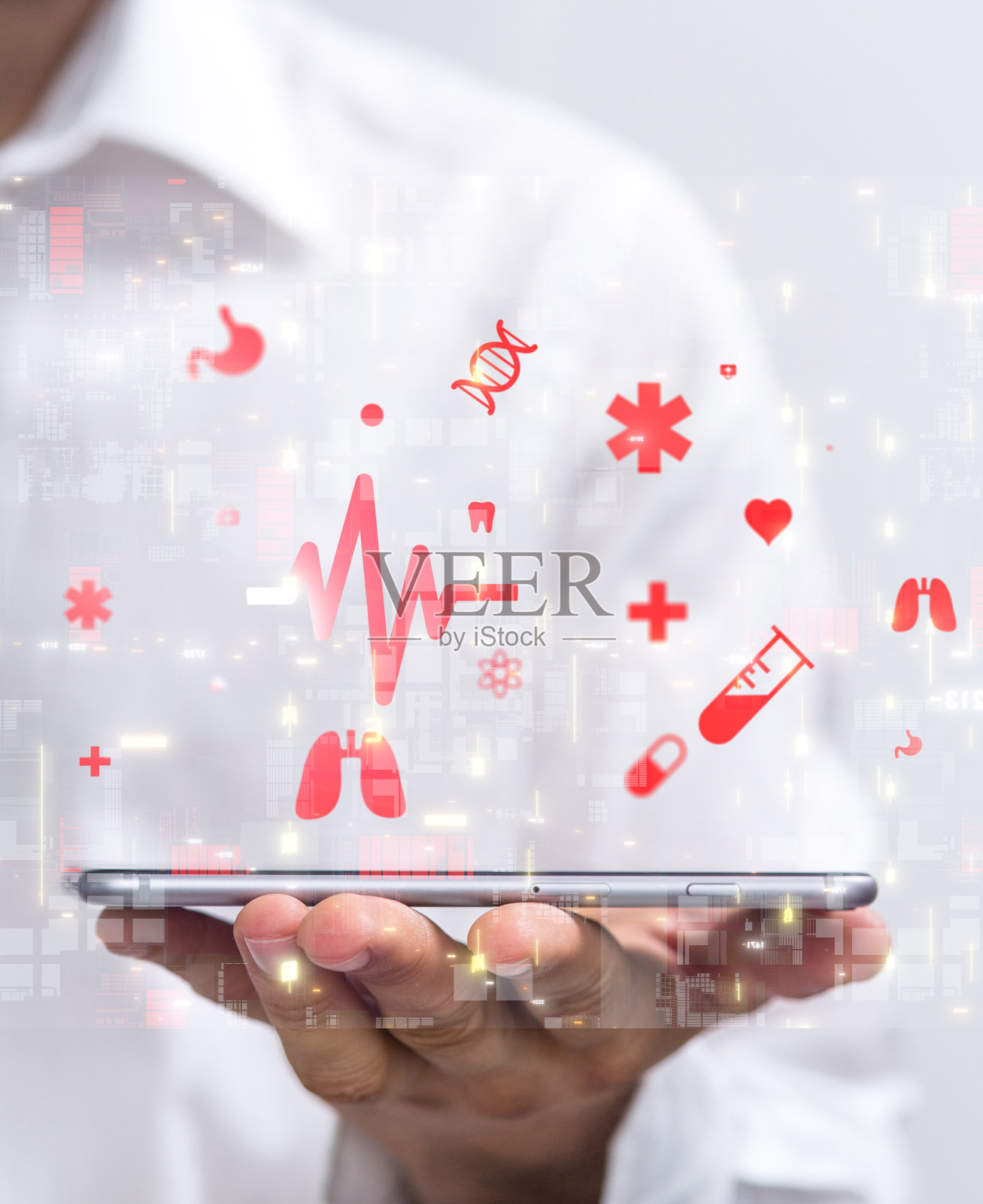 UI医疗图标的照片在医院与手拿移动作为医疗技术网络照片摄影图片