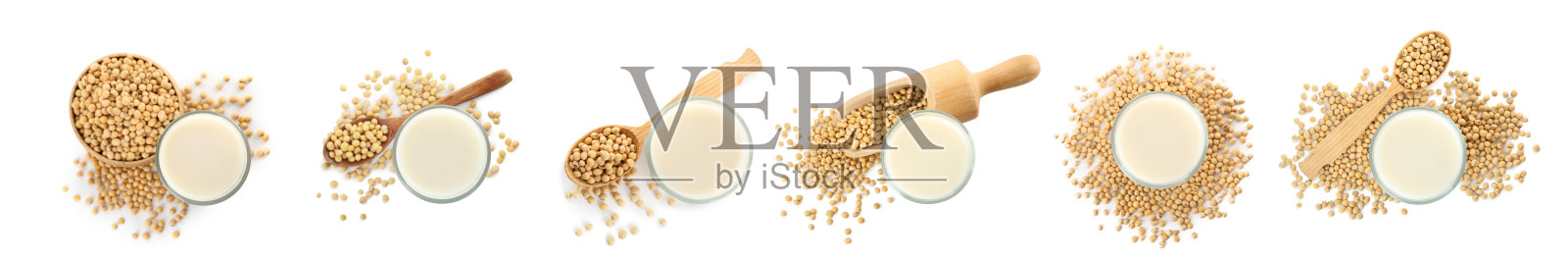 设置天然豆浆和豆类在白色背景，俯视图。旗帜设计照片摄影图片