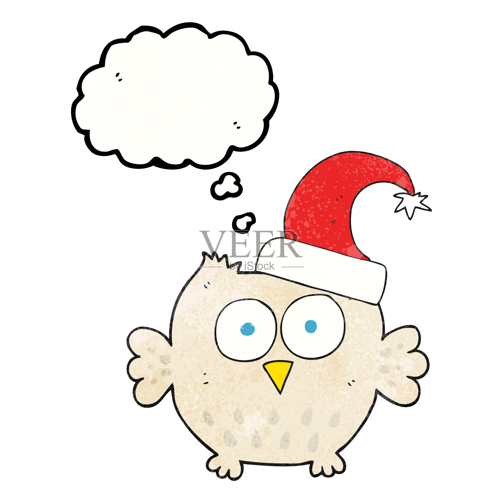 手绘思想泡泡纹理卡通小猫头鹰戴圣诞帽插画图片素材