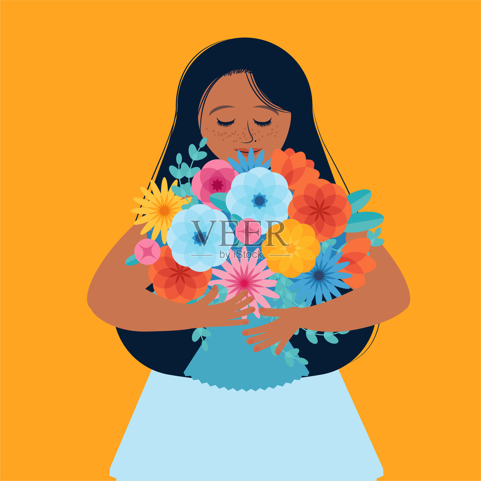 人们捧着花束赠送五颜六色的鲜花插画图片素材