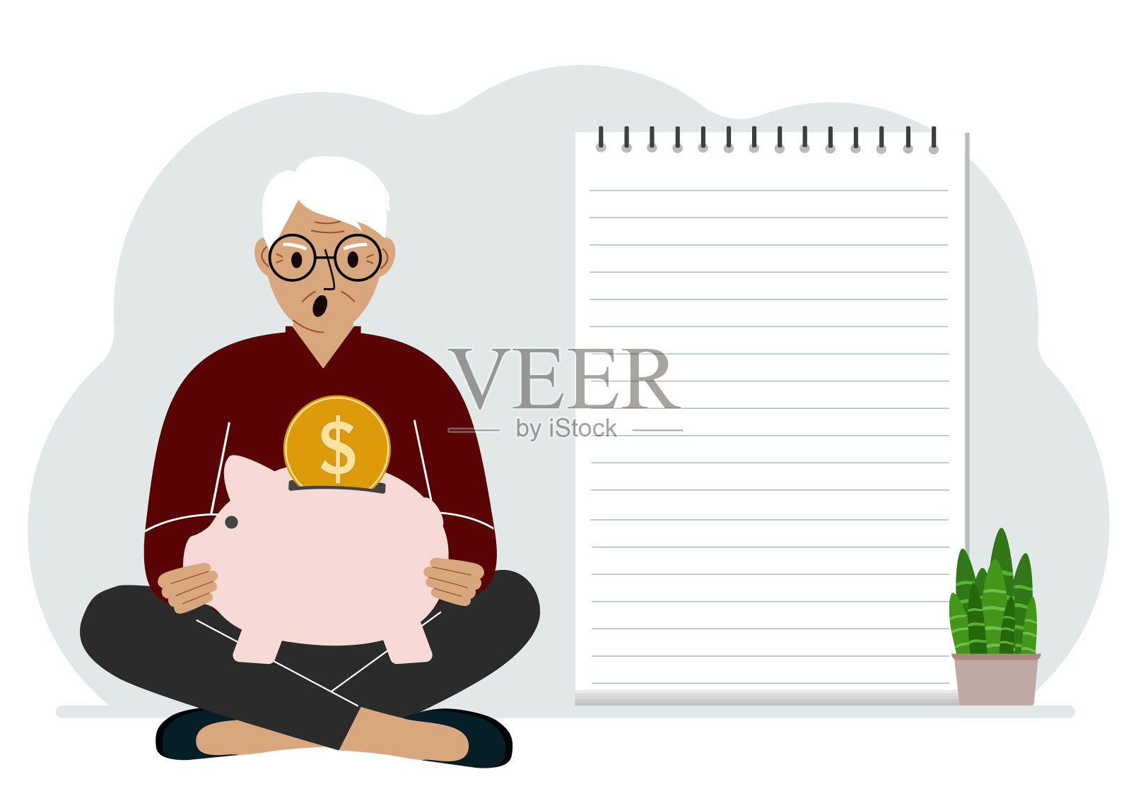 一个男人盘腿坐着，手里拿着一个存钱罐。旁边有一张大纸，用来规划收入和支出。插画图片素材