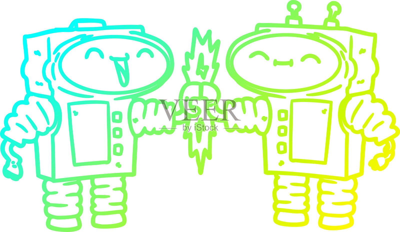 冷梯度线绘制的一个卡通机器人连接插画图片素材