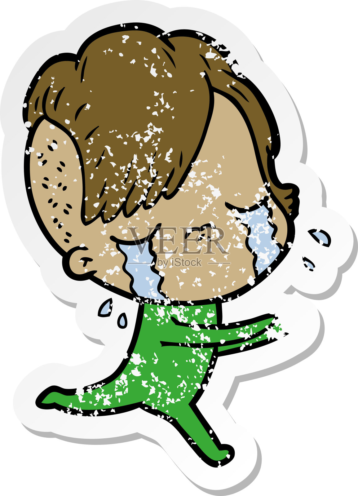 悲伤的贴纸卡通哭泣的女孩插画图片素材