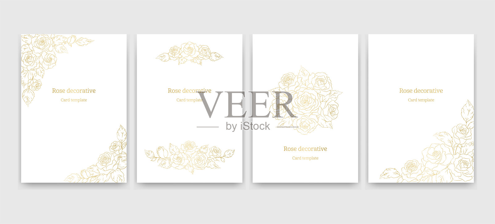 玫瑰花装饰设计，卡片模板套，白色底色金色插图。婚礼，情人节，周年纪念，庆典概念。插画图片素材